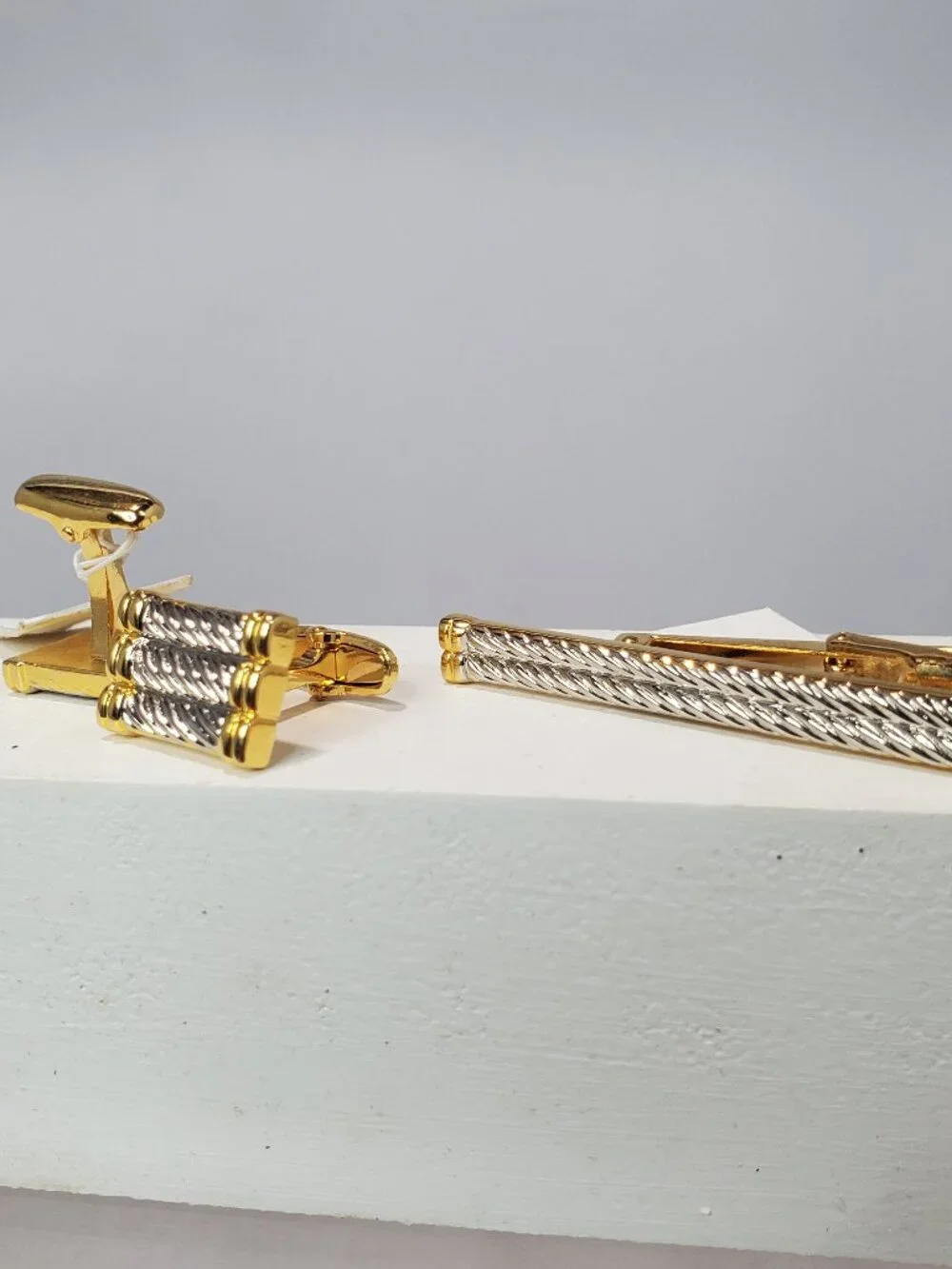 Vintage Two-Tone Gold & Silver Twisted Cable 3-Piece Cuff Link and Tie Clip Set
